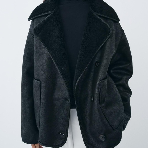 Zara DOUBLE FACED JACKET ZW COLLECTION OVERSIZED COAT BLACK XS Shearling - Picture 6 of 8